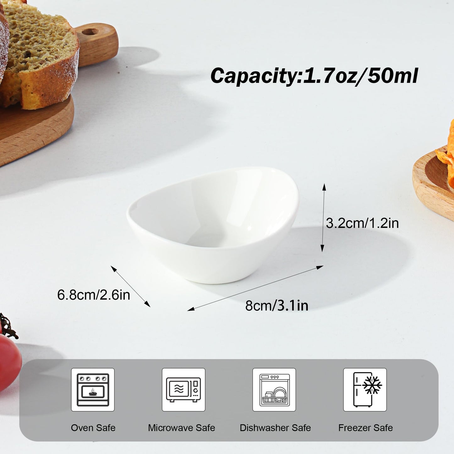UIBFCWN Ceramic Dipping Bowls, 1.7 Oz Ceramic Soy Sauce Dishes, Porcelain Dipping Sauce Cup Pinch Bowls, Mini Bowl for Side Dishes ketchup Condiment Server Charcuterie BBQ and Party, 50 Pack
