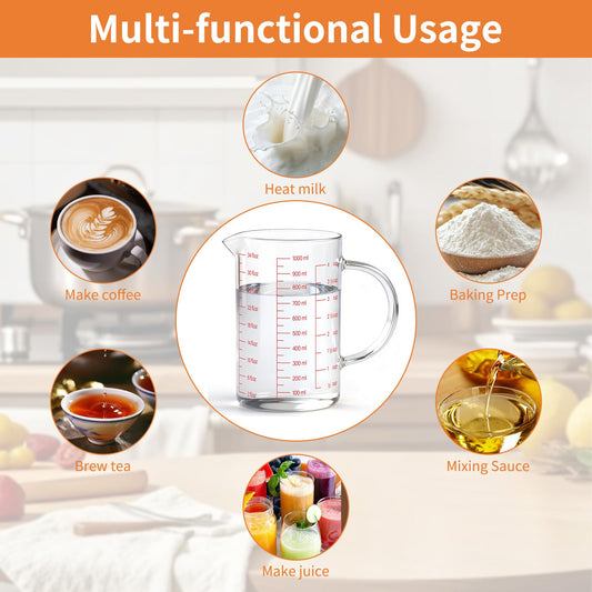 Luvan 34OZ/1000ML Glass Measuring Cup, 4 Cup Glass Measuring Cups With 3 Scales (Ml/Oz/Cup), High Borosilicate Measuring Cup With Handle and V-Shaped Spout, Dishwasher/Freezer/Microwave Safe