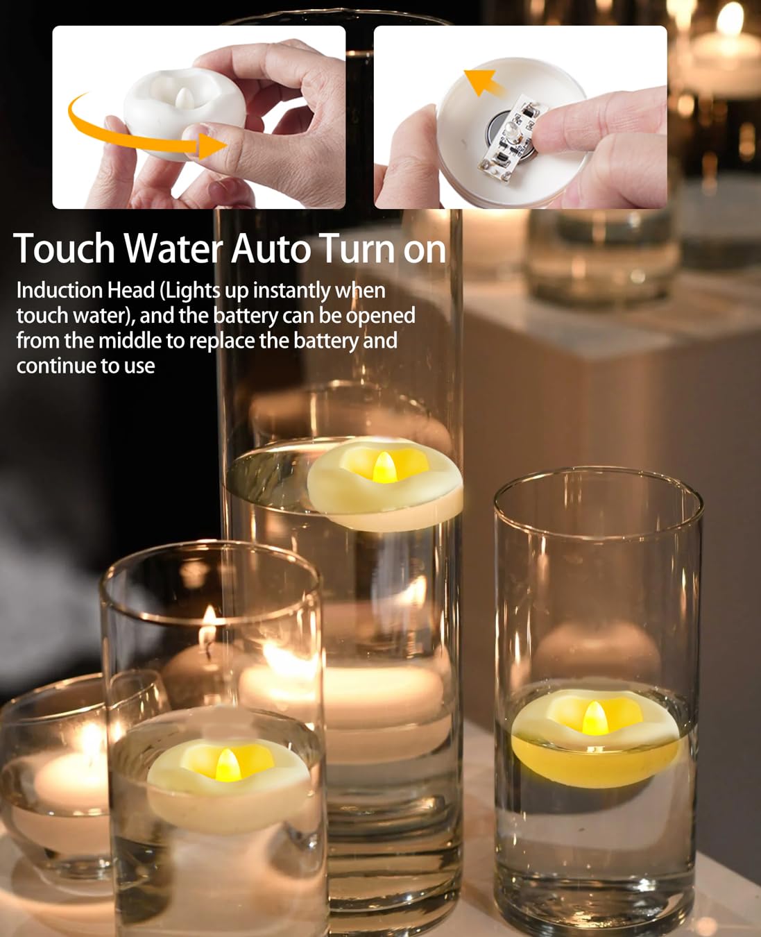 Auemaniliy 24 x 2”Floating Candle, 200 Hour Water Activated Warm White Battery Powered Flameless LED Floating Candle Floating for centerpieces/Bathtub/Pool/Fountain