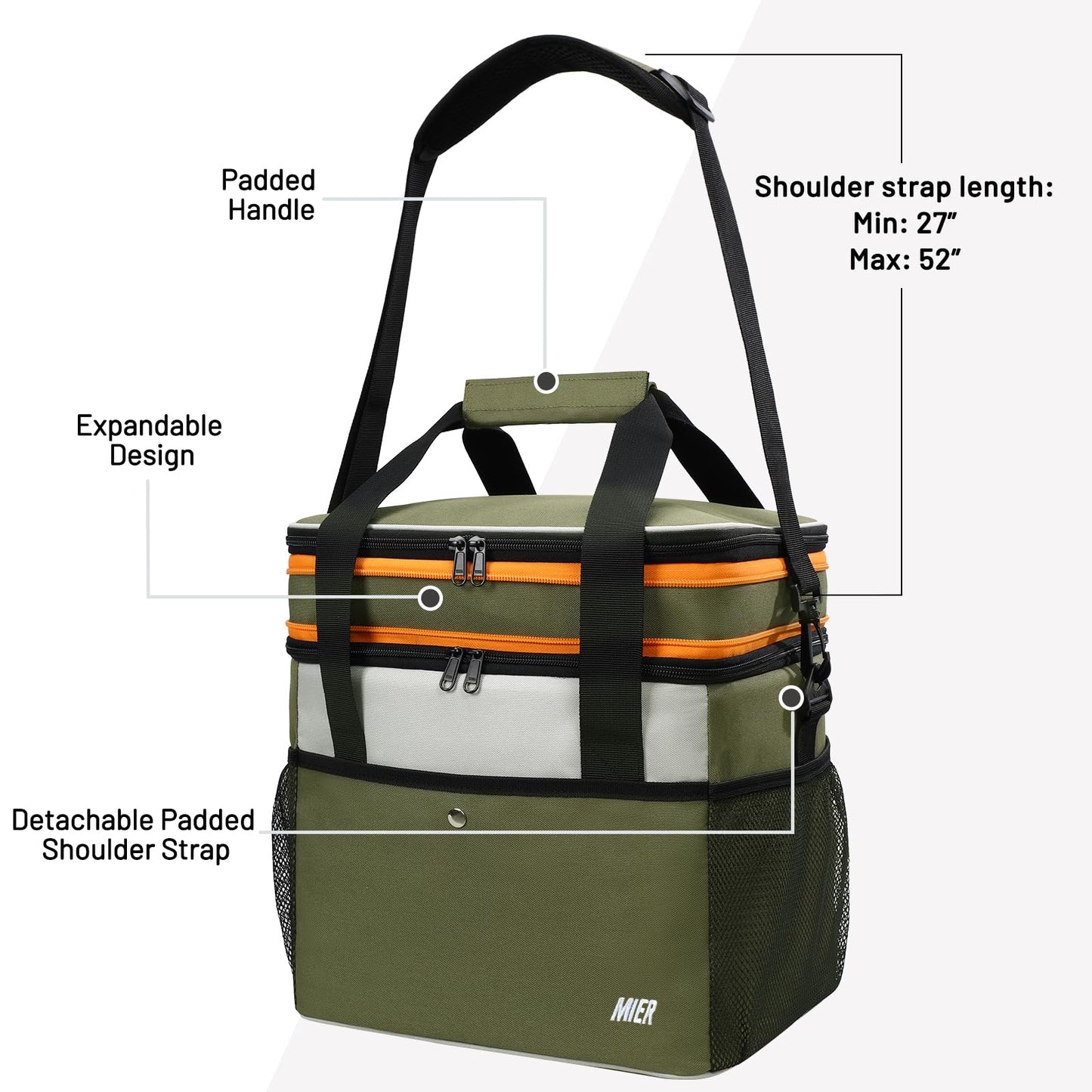 MIER Expandable 24L Lunch Bag Double Layer Insulated Cooler Tote Soft Cooler Bags 30Can Mens Adults Lagre Leakproof Lunch Boxes for Work, Picnic, Camping, Travel, Army Green
