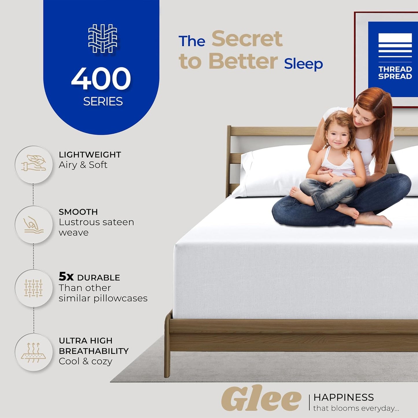 Thread Spread King Size Pillow Cases Set of 2 | Luxury 400 Series Glee Collection - Soft, Cooling, Durable Cotton (White)