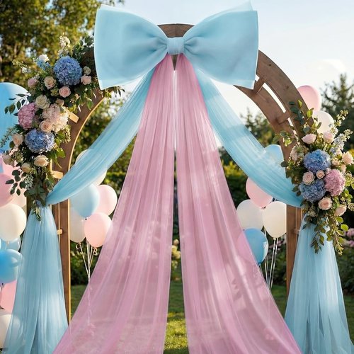 Canlierr Extra Large Organza Bow Decorations - Giant Pink & Blue Tulle Bow with Long Ribbon Tails | 39 x 59 Inch for Weddings & Parties