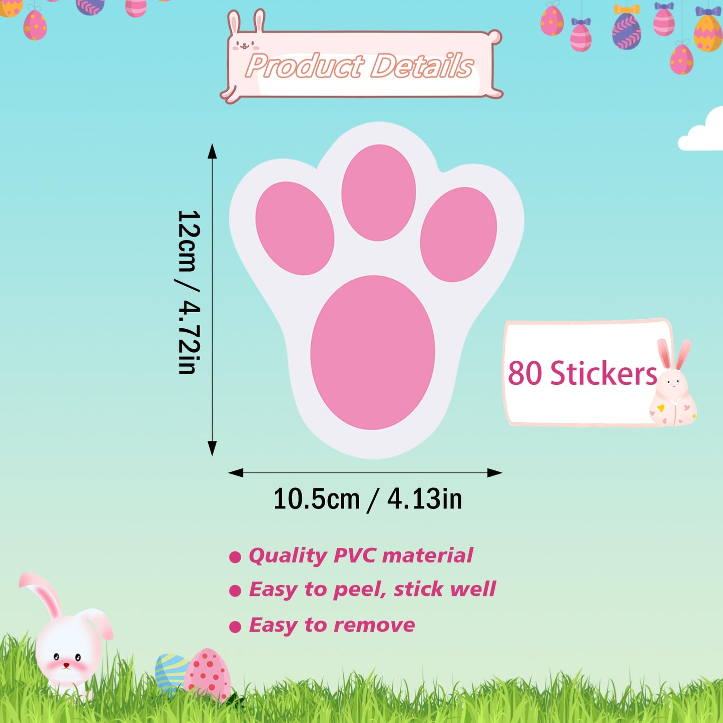 Wonmon 80 PCS Removable Easter Bunny Paw Prints Stickers, Easter Bunny Feet Stickers Rabbit Paw Decal Bunny Paw Print Clings for Home Office Classroom Floor Easter Party Favor Decorations