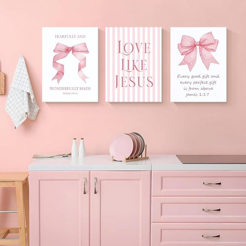 Dytila 3 Piece Pink Bows Wall Art - Cute Bible Verse Decor for Girls' Rooms | 12x16 Inch