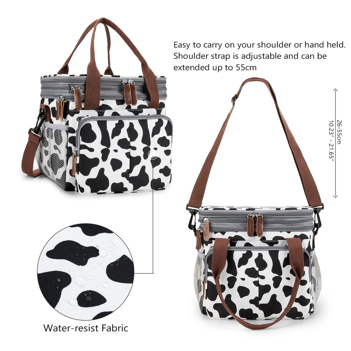 MEYTEILAY Lunch Bag for Women Men Expandable Double Deck Lunch Box Large Lunch Bags Leakproof Insulated Reusable Lunch Cooler Bag（Cow Print）