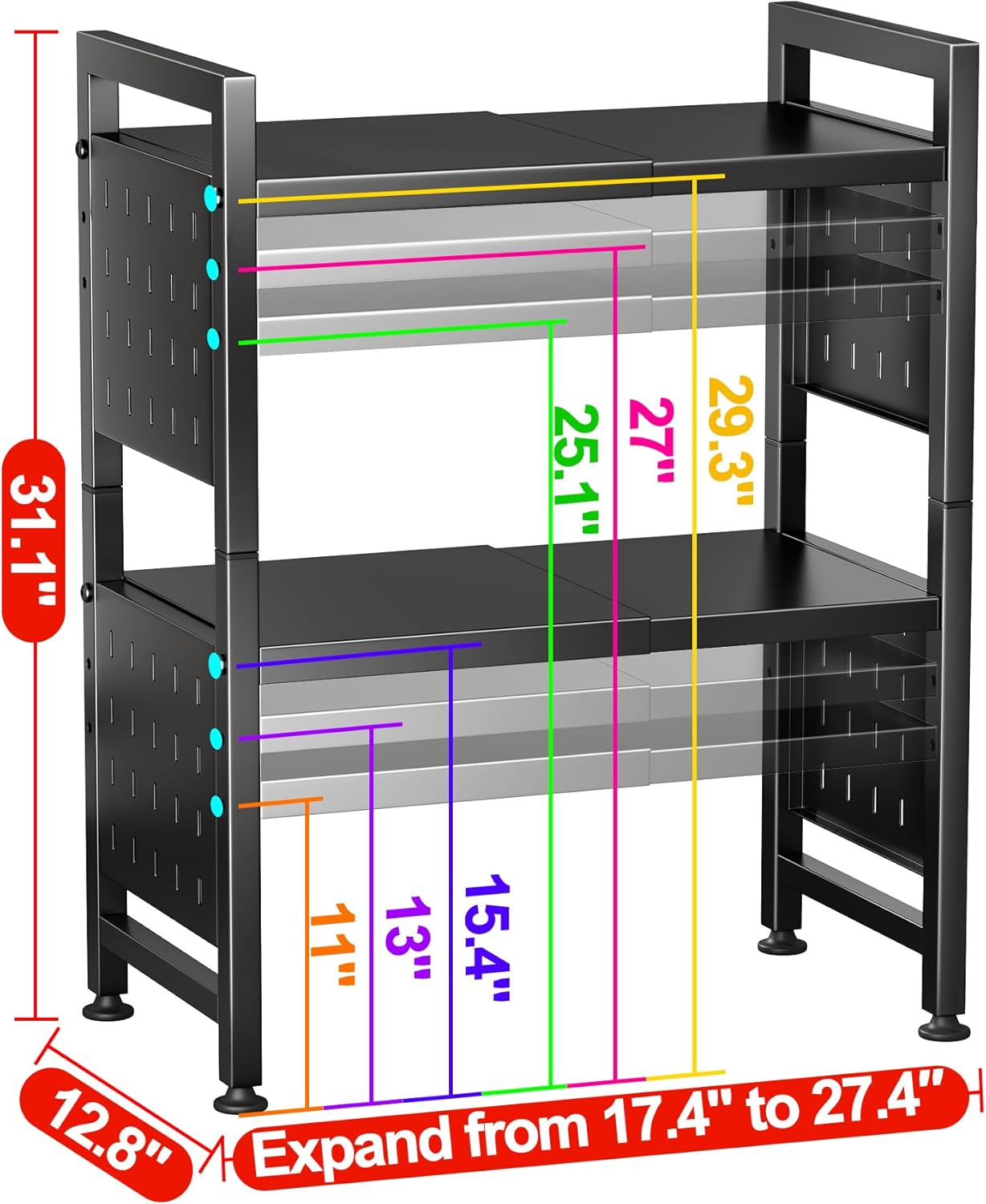 Microwave Stand - 3-Tier Expandable Heavy Duty Adjustable Shelf | Kitchen Organizer with Hooks & Cutting Board Holder, Black