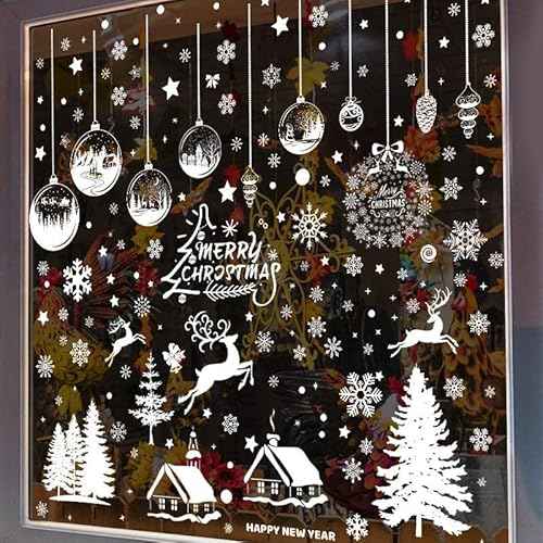 196Pcs White Christmas Tree Snowflakes Reindeer Window Decorations, 9 Sheets Removable Double-Sided Merry Christmas Window Clings Stickers Decals for Winter