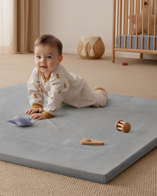 Blissful Diary Thick Baby Play Mat - Ultra Soft 50x50 Crawling Rug with Washable Cover | Light Grey