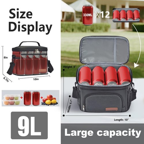 ExtraCharm Insulated Lunch Bag for Women/Men - Reusable Lunch Box for Office Picnic Hiking Beach - Leakproof Cooler Tote Bag Organizer with Adjustable Shoulder Strap for Adults - Black