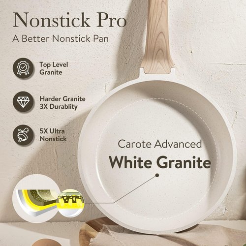 CAROTE Non Stick Frying Pan Skillet, Omelet Pan, Healthy Non Toxic Granite Chef Pan, Induction Compatible Egg Frying Pan with Heat-Resistant Handle, PFOA-Free,Cream White, 10"
