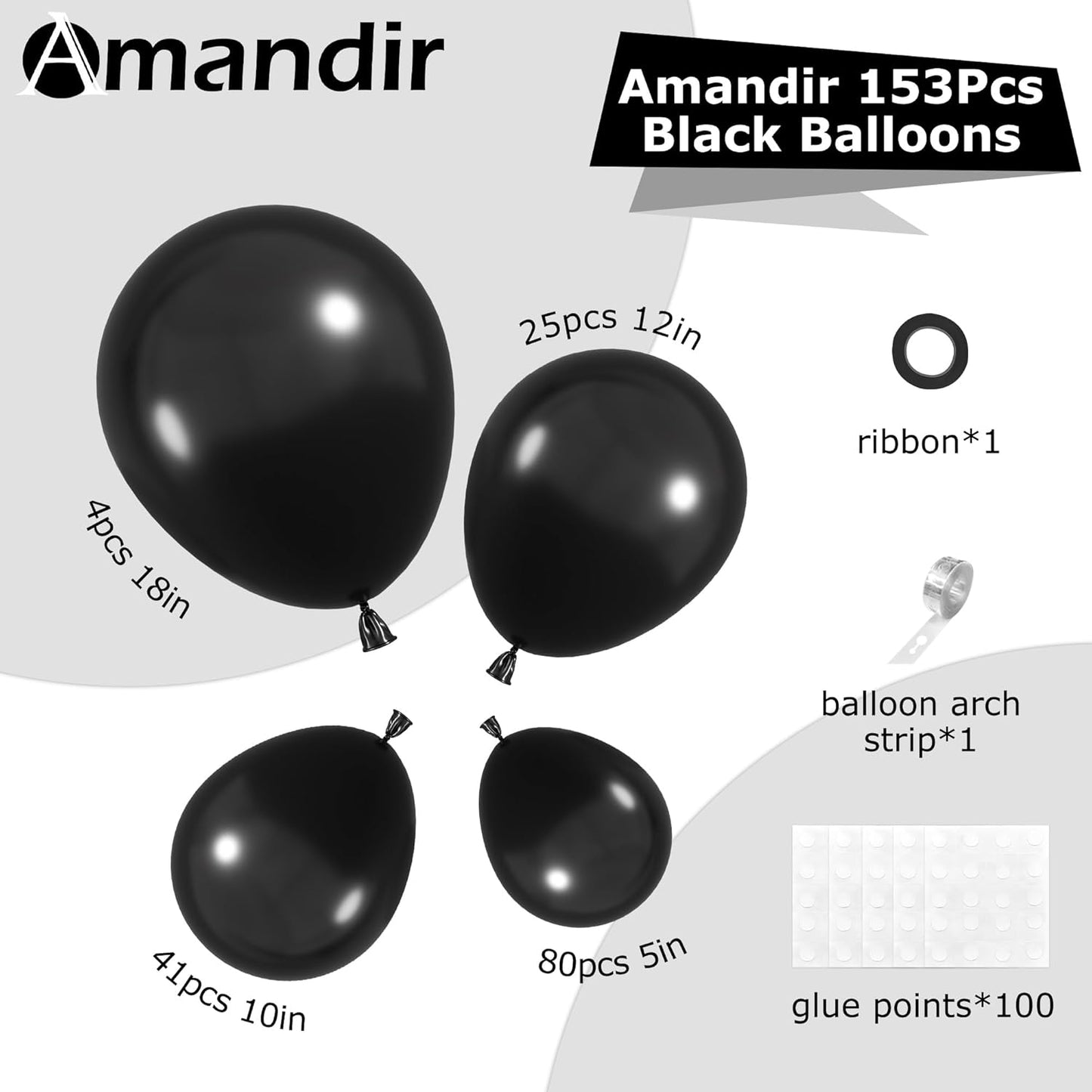 Amandir 153-Piece Black Balloon Arch Garland Kit - Matte Latex Balloons for Parties & Celebrations