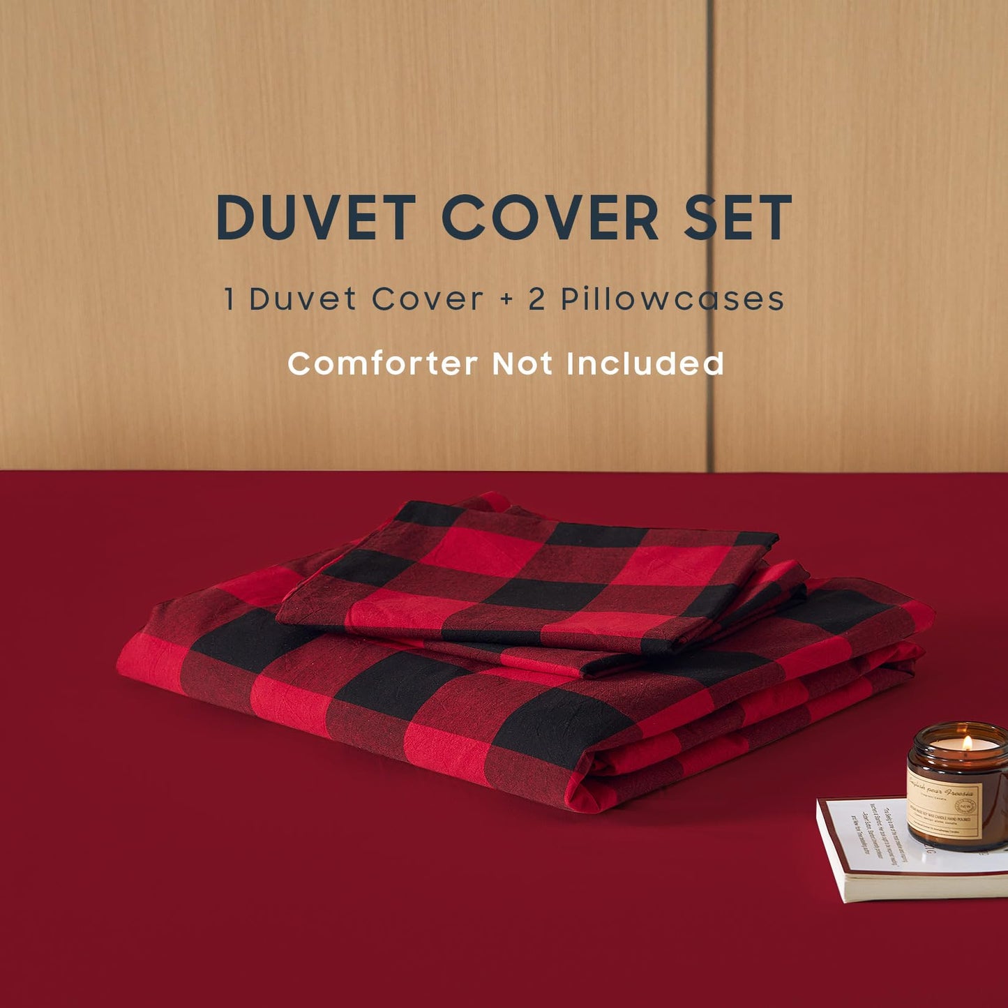 Wake In Cloud - Gingham Cotton Duvet Cover Set, Plaid Buffalo Check Checkered Farmhouse, 100% Washed Cotton Textured Bedding Set, 3 Pieces, Red Black, King Size