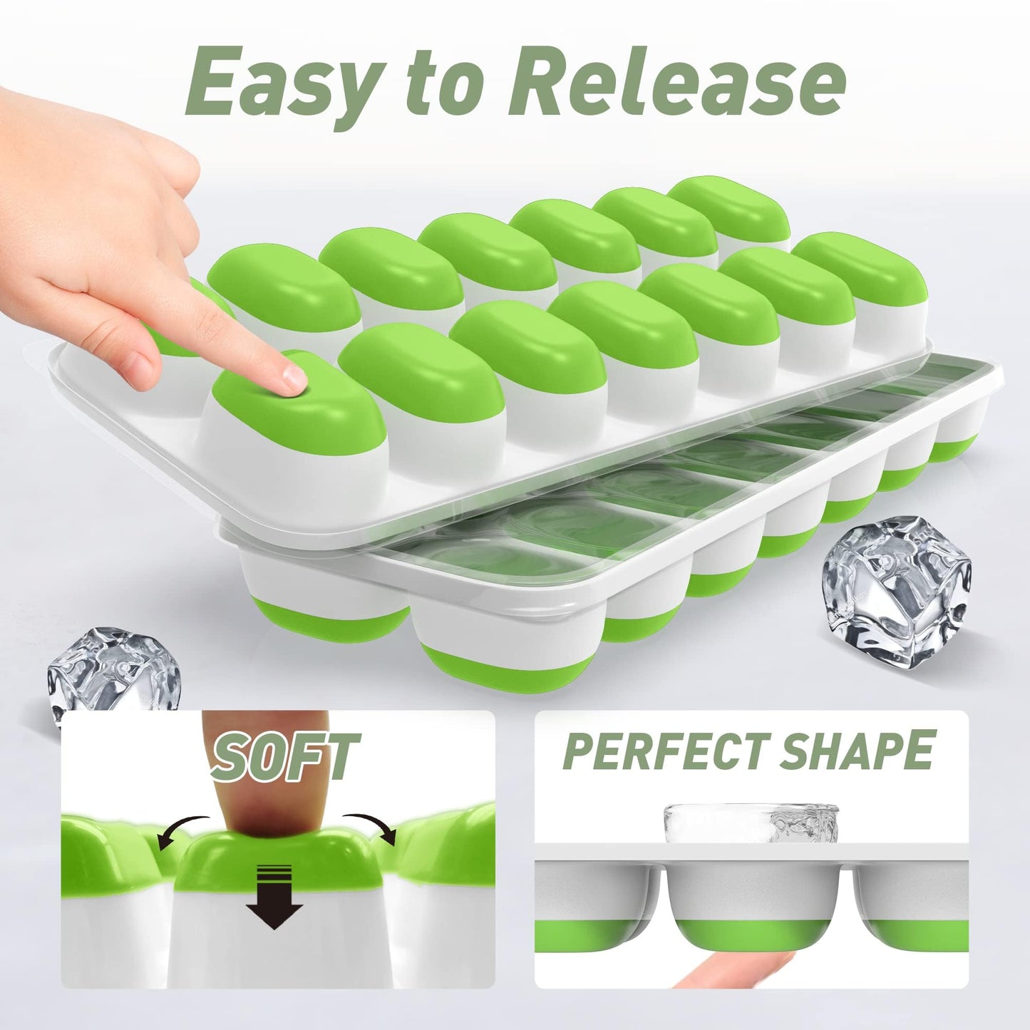 ChefAide Ice Cube Tray with Lid, 2 Packs 28 Cubes Durable Stackable Ice Cube Trays for Freezer with Removable Lids, Easy-Release Plastic & Silicone Ice Tray for Cocktail, Coffee.