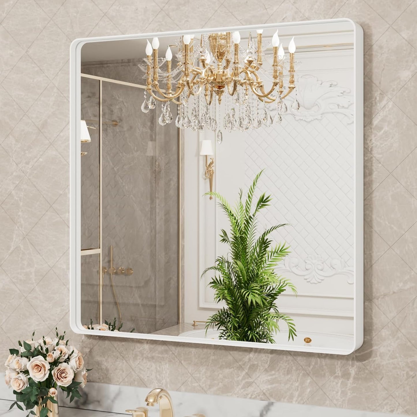LOAAO Bathroom Mirror - 38x38 Inch White Metal Framed Vanity Mirror | Large Rounded Rectangle, Anti-Rust, Tempered Glass