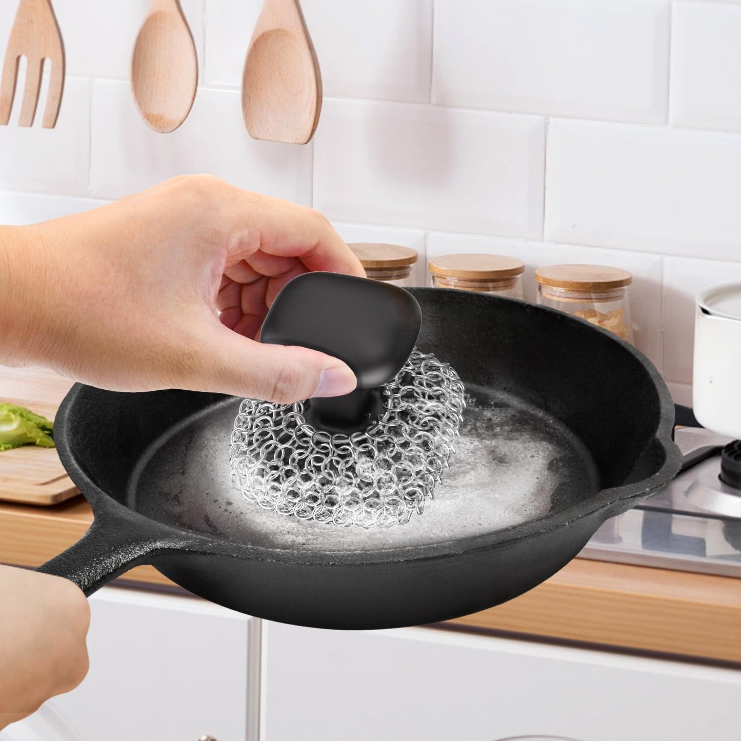 Purgreat Cast Iron Scrubber | Dish Scrub Brush | 316 Cast Iron Cleaner Chainmail Scrubber for Pan Skillet Cleaner - Dish Scouring Pad Dishwasher Safe Cleaning Kit, Black 03
