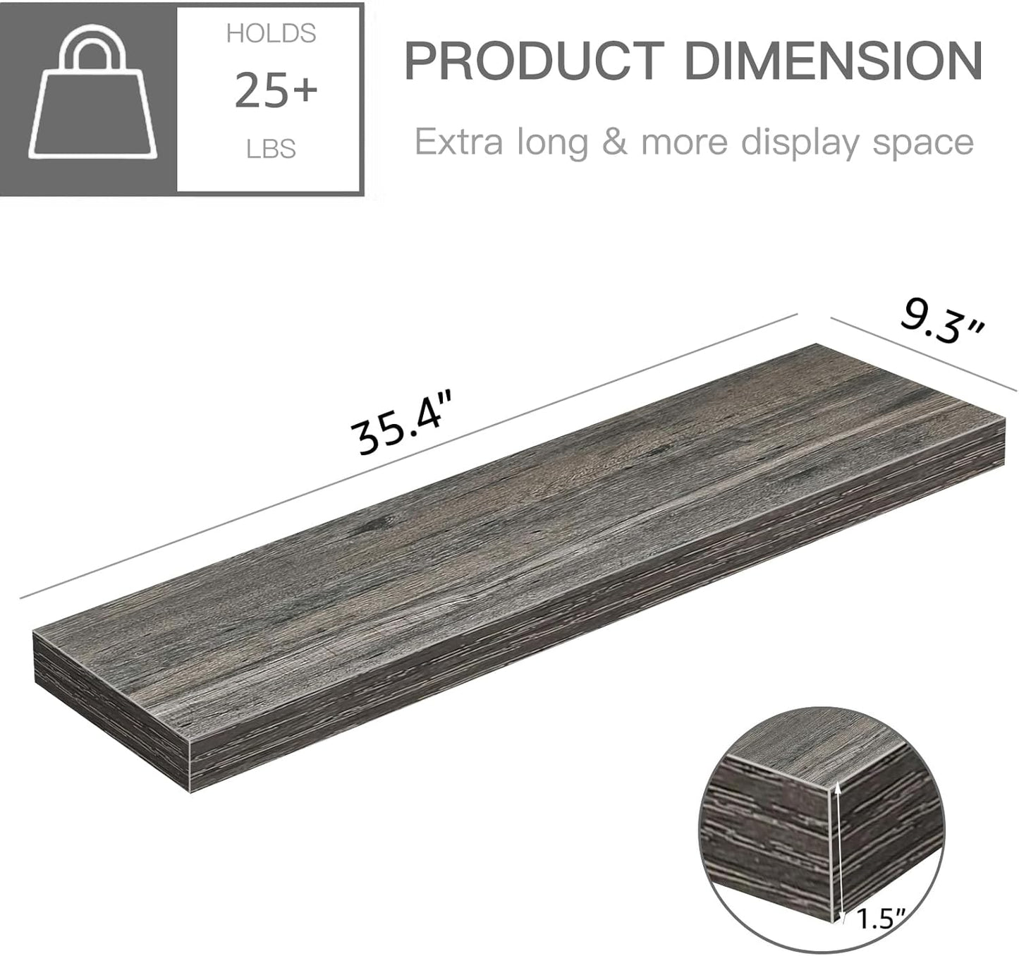 QEEIG Floating Shelves - Wall Mounted Display Shelves for Home Decor | Set of 2, 35.4" x 9.3", Grey