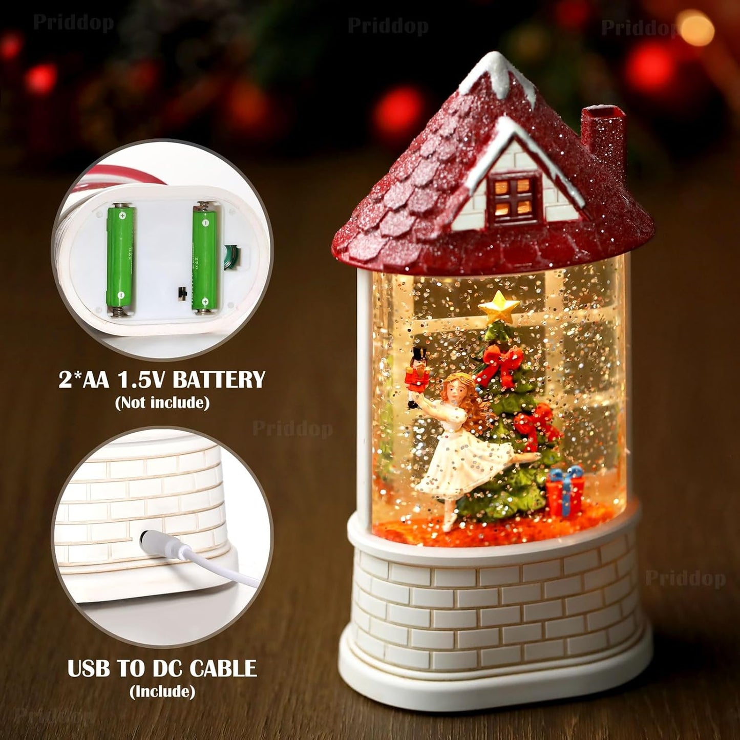 Priddop Nutcracker Snow Globe - Musical Ballerina Christmas Decoration | USB & Battery Powered