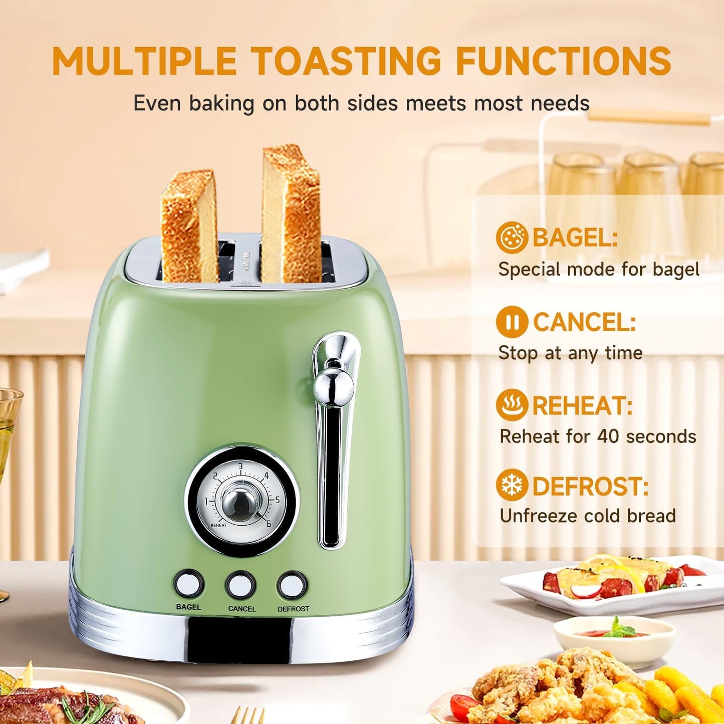 Wiltal Green Retro 2-Slice Toaster - 1.58" Wide Slots, Stainless Steel Lid, Warming Rack & Countdown Timer