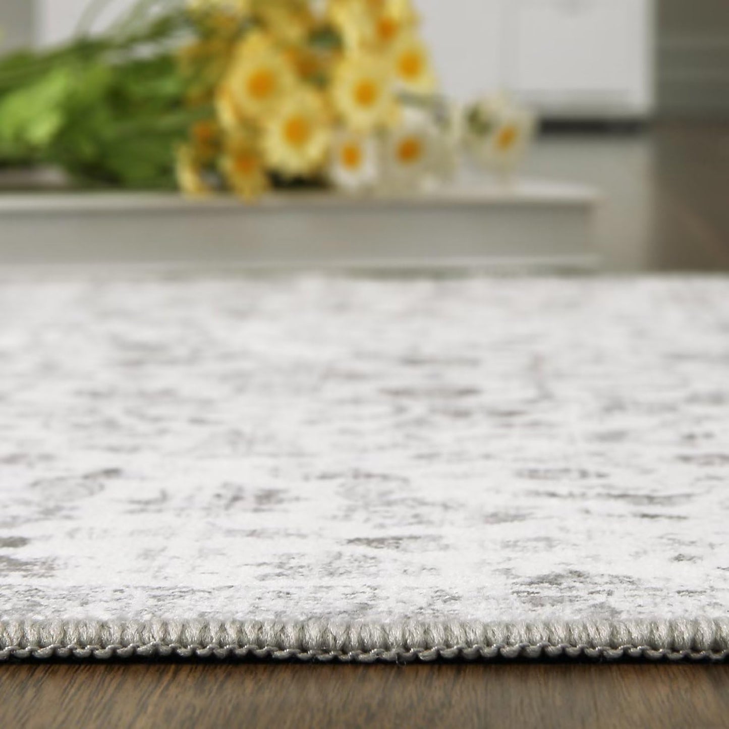 GlowSol Washable Rug 5x7 Floral Area Rug Non Slip Non Shedding Fluffy Pile Rug Throw Rug Ultra-Thin Indoor Floor Carpet for Bedroom Living Room Nursery, Grey