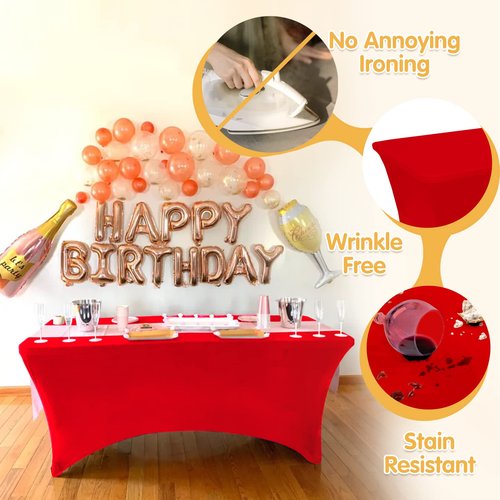 BRILLMAX 4 Pack Red Spandex Table Covers for 8 Ft Rectangle Tables - 180 GSM Thick Stretch Tablecloth Fitted, Reinforced Foot Pockets, Wrinkle Free Cloth for Wedding Banquet Party Trade Show