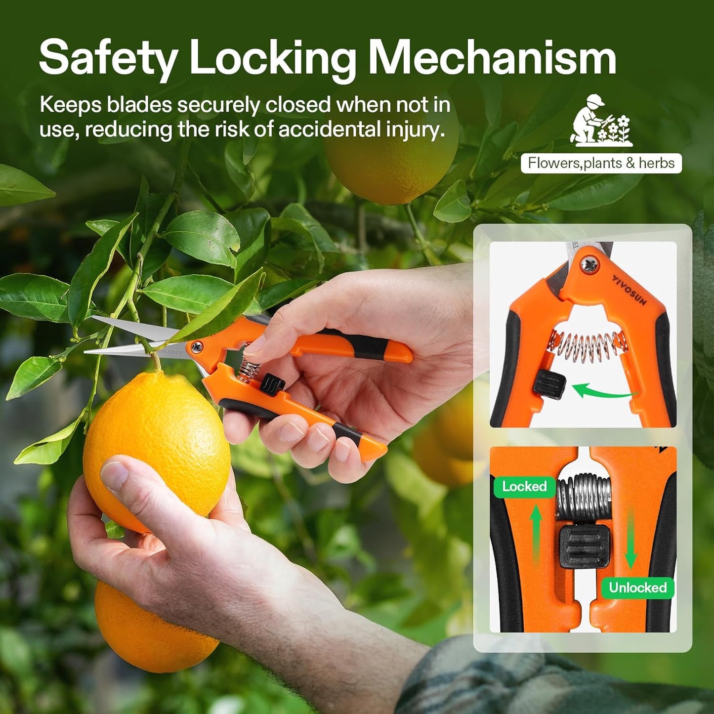 VIVOSUN Gardening Scissors - 6.5 Inch Hand Pruner with Straight Stainless Steel Blades | Orange 1-Pack