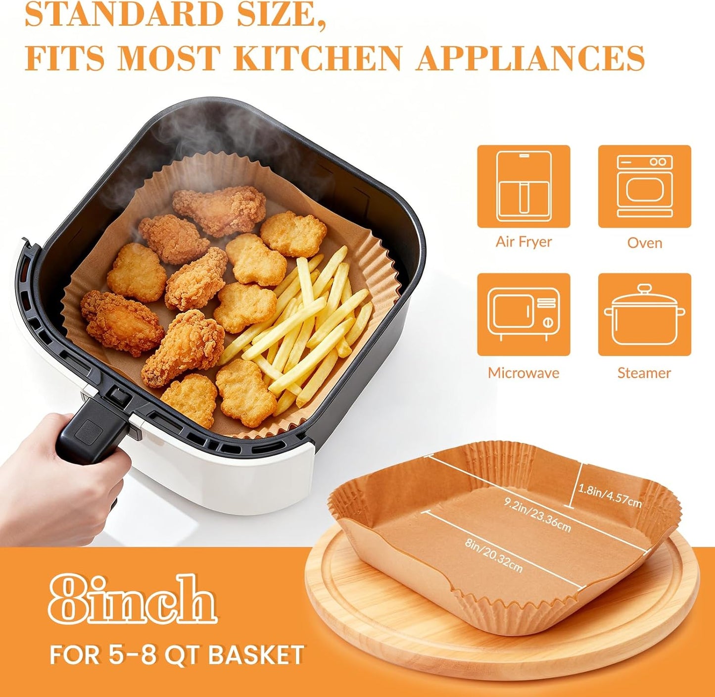Air Fryer Liners 125 Pcs - 8 Inch Non-Stick Disposable Liners | Heat Resistant Up to 450°F