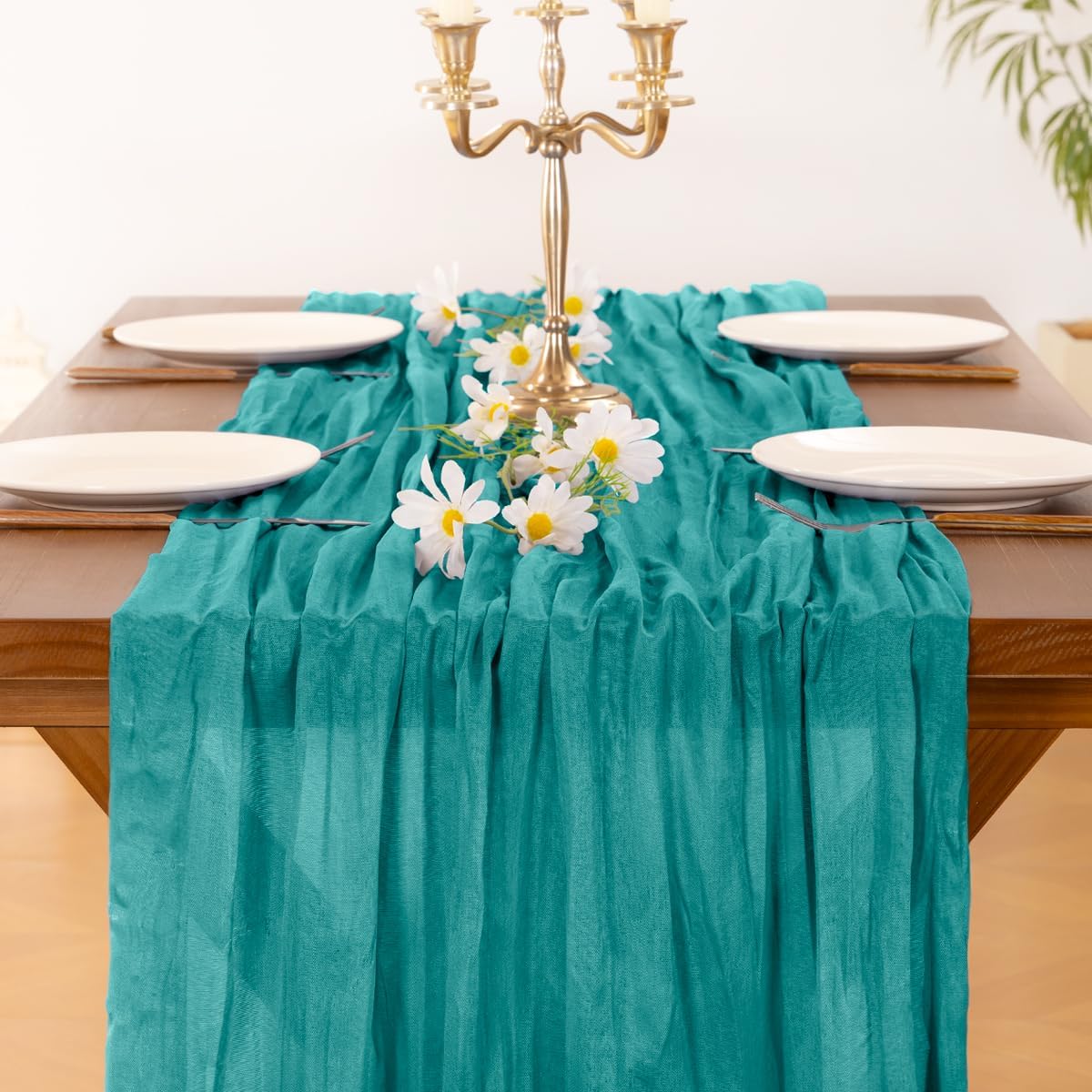 Socomi Teal Blue Cheesecloth Table Runner - 120 Inch Boho Rustic Decor for Weddings & Parties