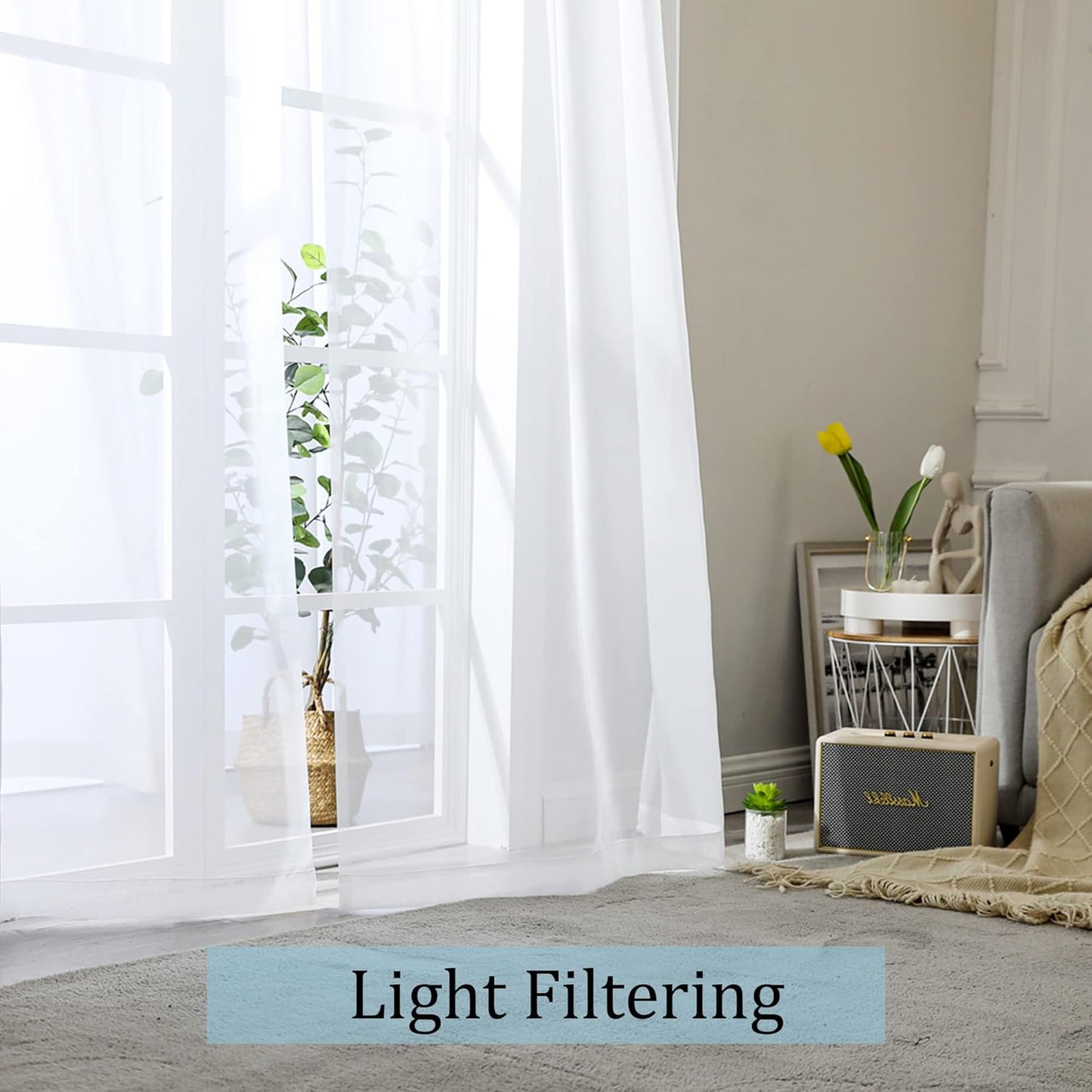 OWENIE Sheer Curtains - 84-Inch Long Voile Drapes for Living Room/Bedroom - White, 2 Panels (42" W Each)