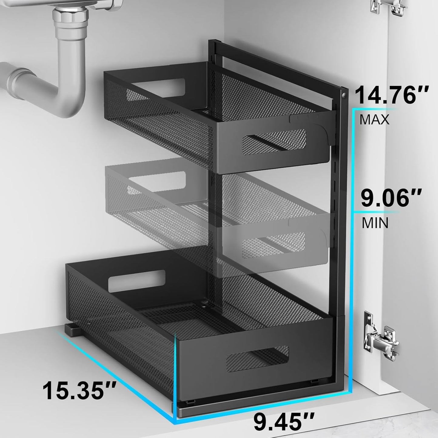 Petiza Under Sink Organizer - Adjustable Height 2-Tier Cabinet Storage with Sliding Drawers | Kitchen & Bathroom