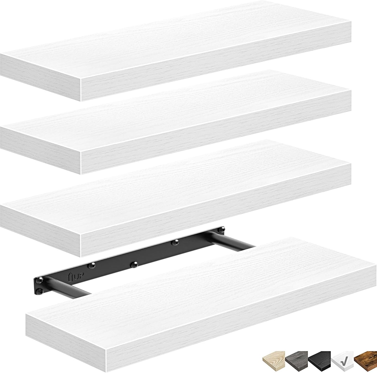 QEEIG Floating Wall Shelves - Stylish 16-Inch Bathroom, Bedroom & Kitchen Storage - Set of 4, White