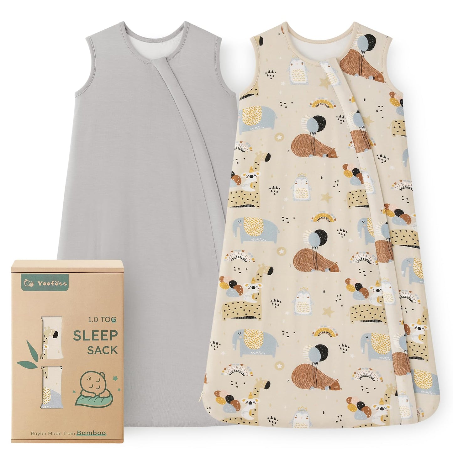 Yoofoss Rayon Made from Bamboo Baby Sleep Sack 6-12 Months TOG 0.5 Baby Wearable Blanket, Super Soft Infant Toddler Sleeping Sack 2-Way Zipper, Grey&Animals
