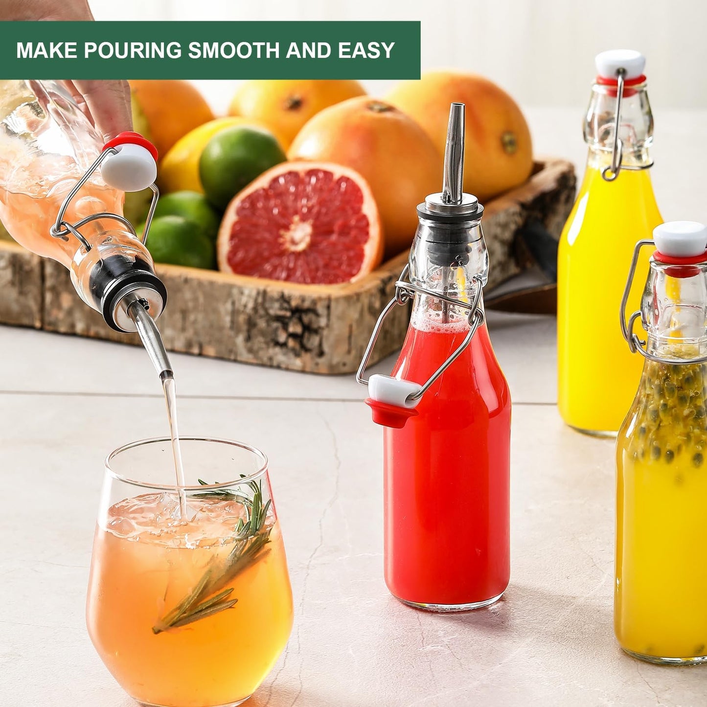 16 Pack 8.5oz Flip Top Glass Bottles, Swing Top Beer Brewing Bottle for 2nd Fermentation, Kombucha, Kefir, Vanilla Extract, Coquito, Juice, Tea - Airtight Stopper Cap Lid, Bonus 4 Bottle Pourers