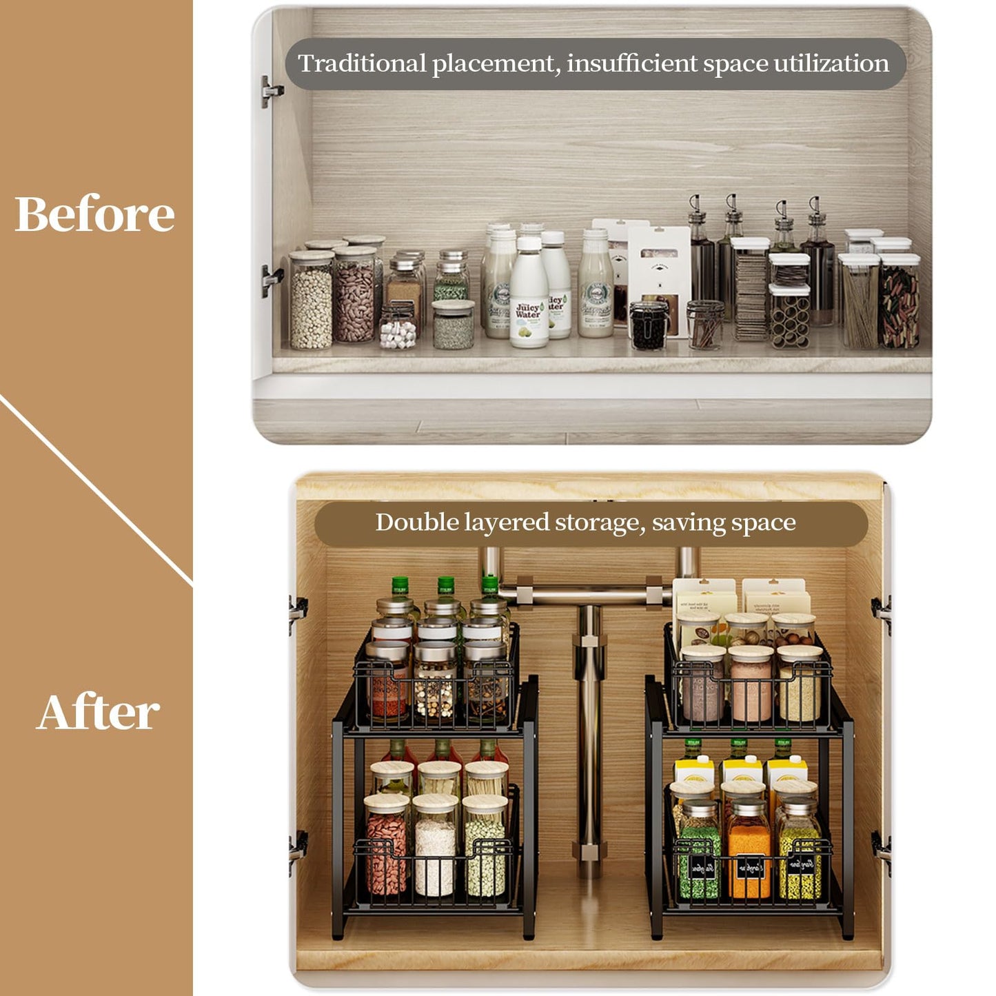 Under Sink Organizer, 2-Tier Pull Out Cabinet Organizer, Kitchen Bathroom Organizer and Storage, Spice Rack for Kitchen, Multi-use Sliding Drawers Shelves, Pack of 2