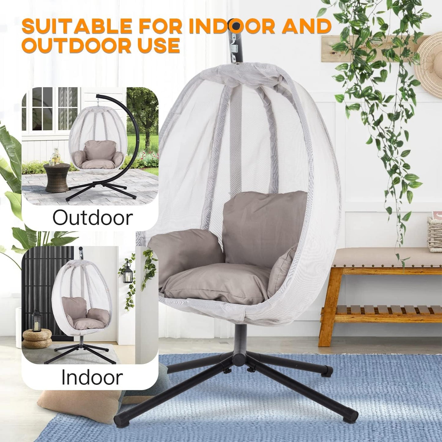 Skiennix Swing Egg Chair - Comfortable Hammock Chair with Metal Stand & Cushion - Gray, 400LBS Capacity
