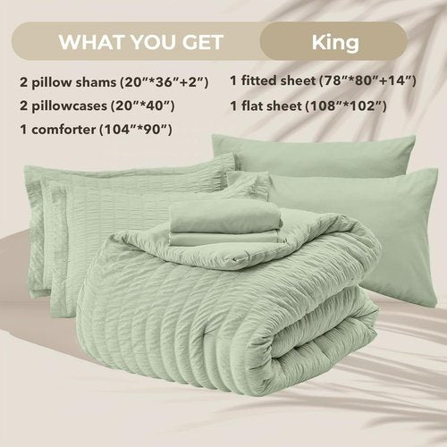 HYMOKEGE King Size Comforter Set - Light Green Seersucker 7-Piece Luxury Bedding Set | All-Season Comfort