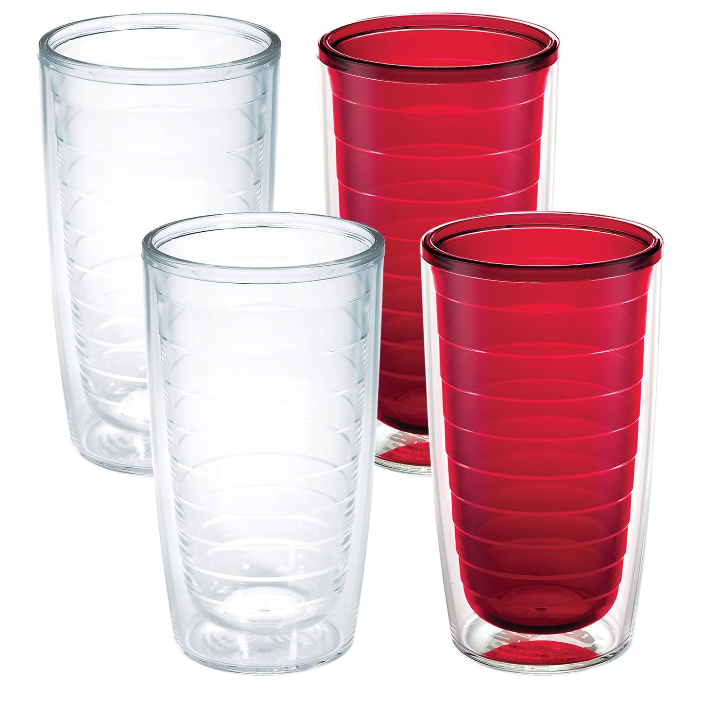 Tervis Clear & Colorful Tabletop Made in USA Double Walled Insulated Tumbler Travel Cup Keeps Drinks Cold & Hot, 16oz - 4pk, Clear and Red
