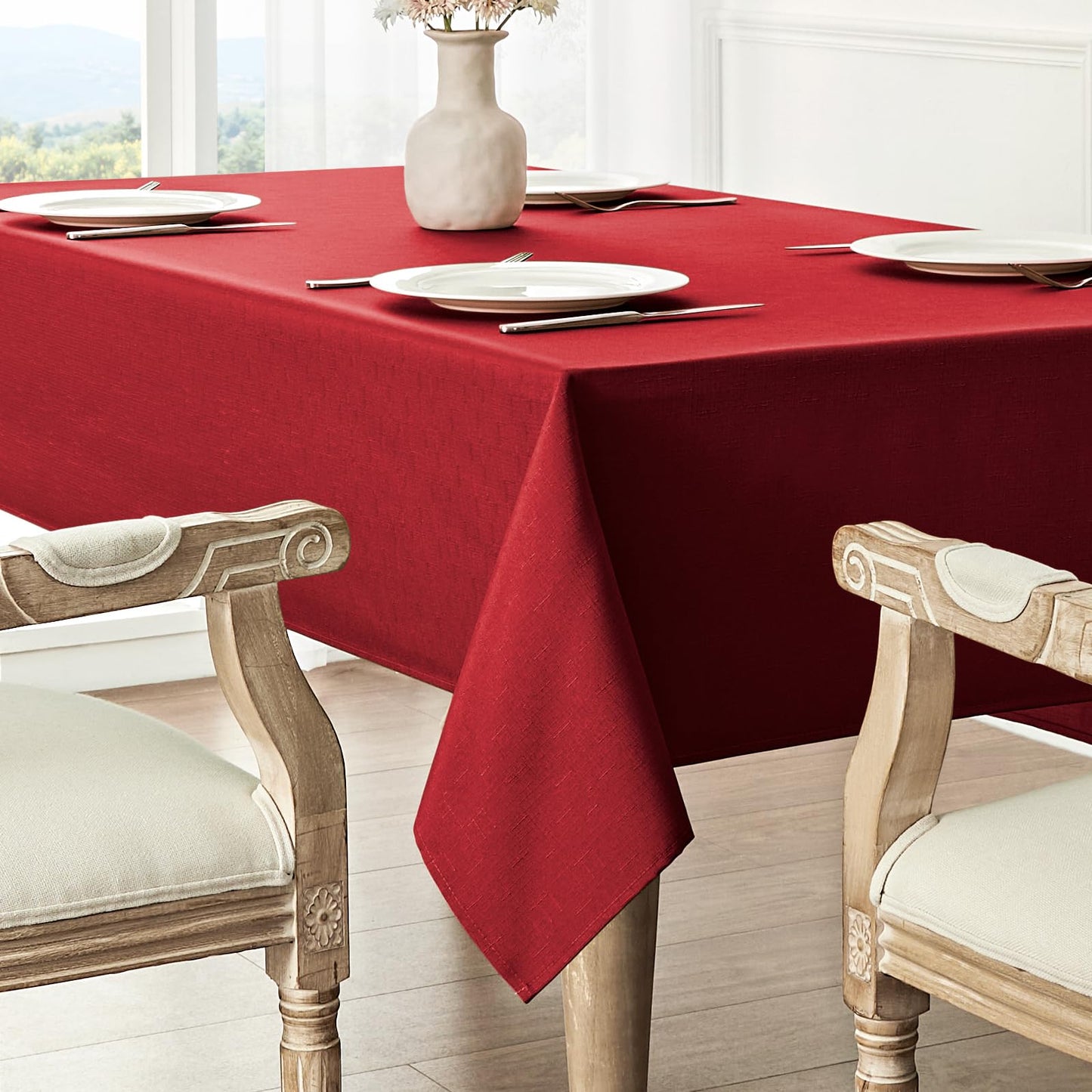 Veblandy Rectangle Tablecloth Waterproof 60x144 inch Linen Textured Table Cloth Stain and Wrinkle Resistant Washable, Decorative Fabric Table Cover for Dining, Party and Camping, Red