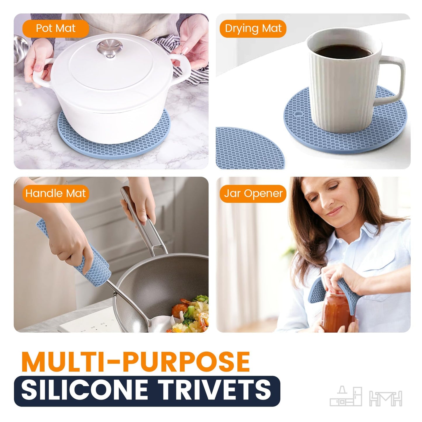 Silicone Trivet Mats 4 Heat Resistant Pot Holders Multipurpose Non-Slip Hot Pads for Kitchen Potholders, Drying mat, Jar Opener, Spoon Holder, Coaster(Nordic Blue)