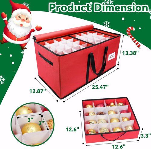 Christmas Ornament Storage Box - Durable 600D Oxford Organizer for 128 Balls | 8 Trays in Red