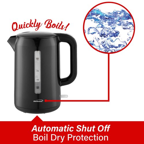 Brentwood 1100W BPA Free Cordless Electric Kettle with Concealed Stainless Steel Heating Element, 360° Base, Auto Shut Off, and Boil Dry Protection (Black, 2.2L)