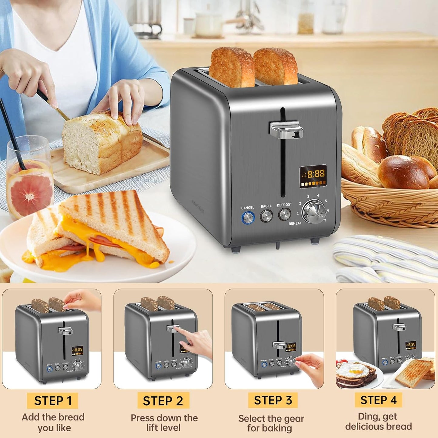 SEEDEEM 2-Slice Stainless Steel Toaster - LCD Display, 7 Shade Settings, 1.4'' Wide Slots, Bagel & Defrost Functions