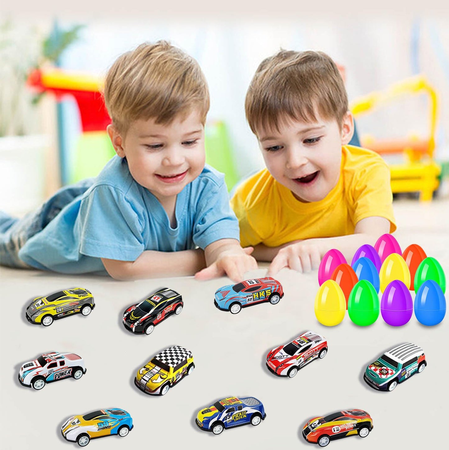 UPINLOOK 12 Pack Prefilled Easter Eggs Filled with Cars, Colorful Plastic Filled Easter Eggs with Toys Inside for Kids Easter Egg Hunt, Easter Basket Stuffers, Easter Party Favor Supplies