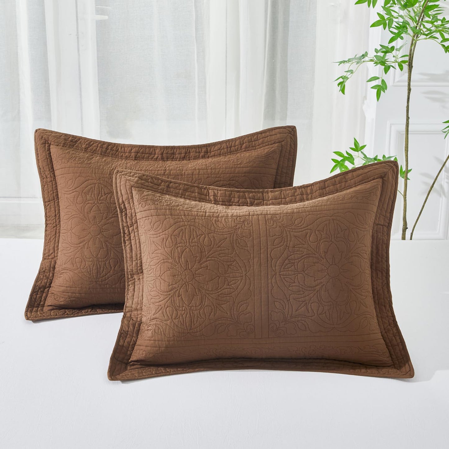WINLIFE 100% Cotton Quilted Pillow Sham Floral Printed Pillow Cover Set of 2 (Standard Size, Coffee)