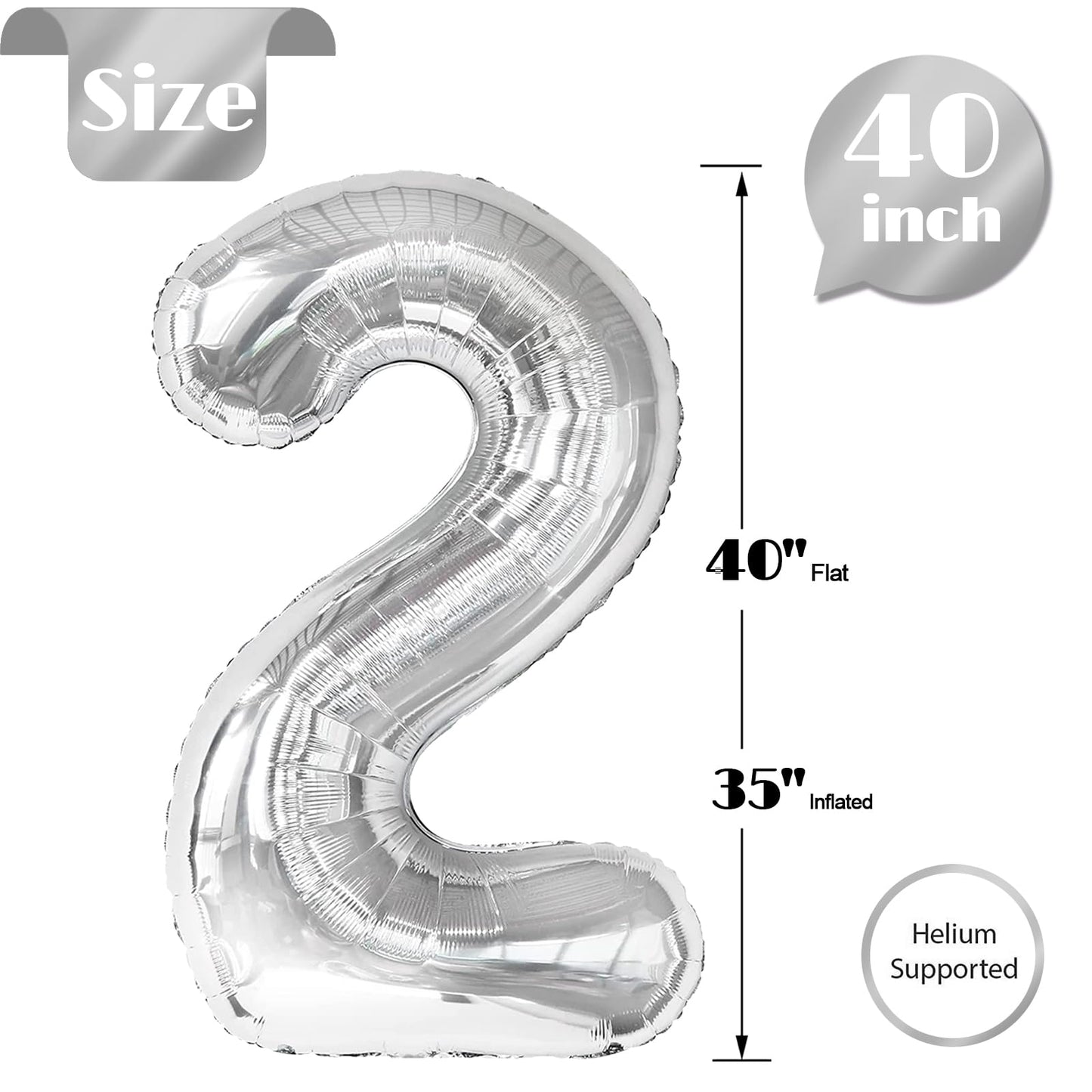 Silver 2 Balloon, Number Balloons 40 Inch, 2nd Balloon Number Birthday Decorations, Two Second Birthday Party Supplies, Number 2 Balloon