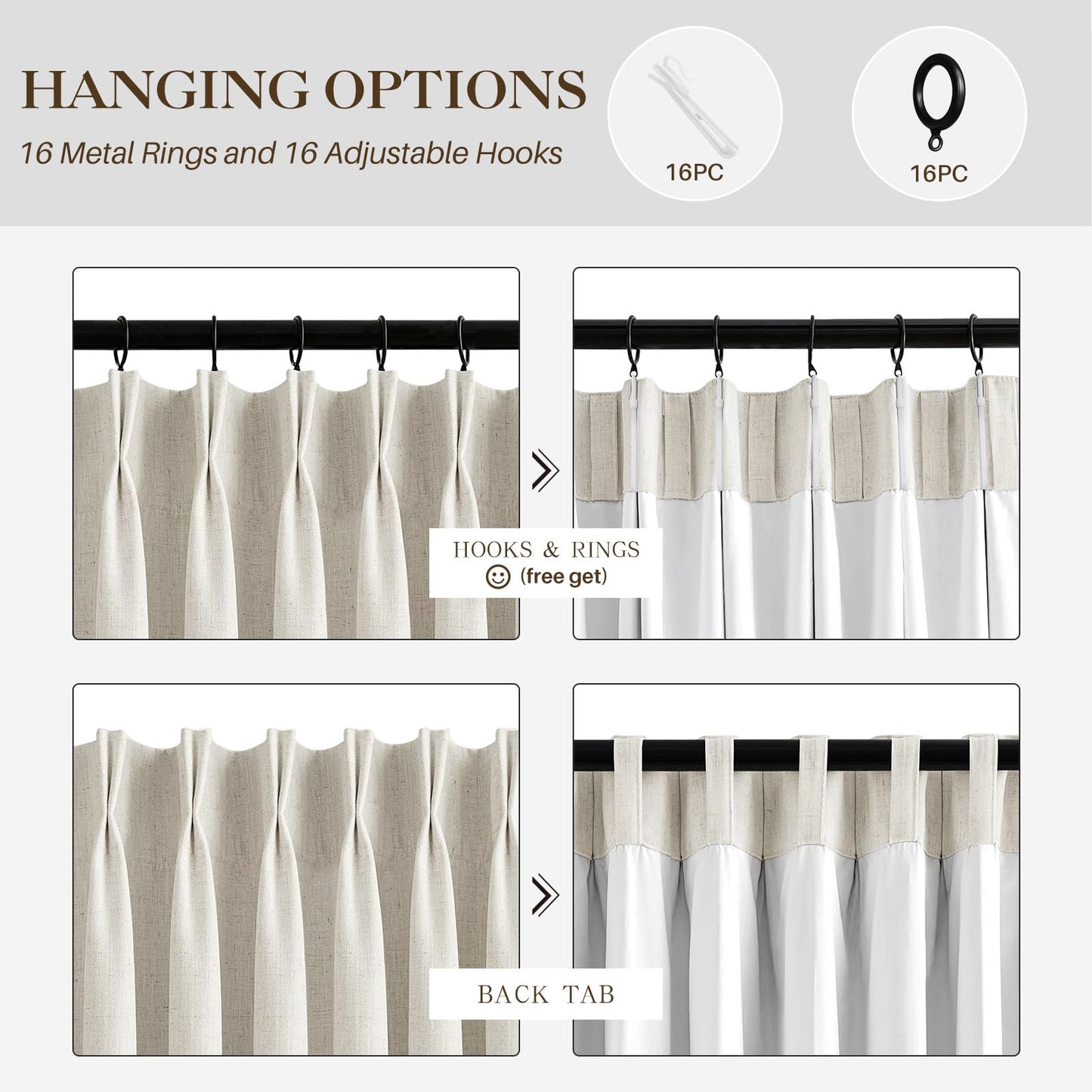 IVAPUPU Pinch Pleated Linen Blackout Curtains for Bedroom, Natural Full Black Out Curtains 84 Inches Long for Living Room Darkening Thermal Insulated Neutral Pleat Drapes with 16 Hooks, 2 Panels