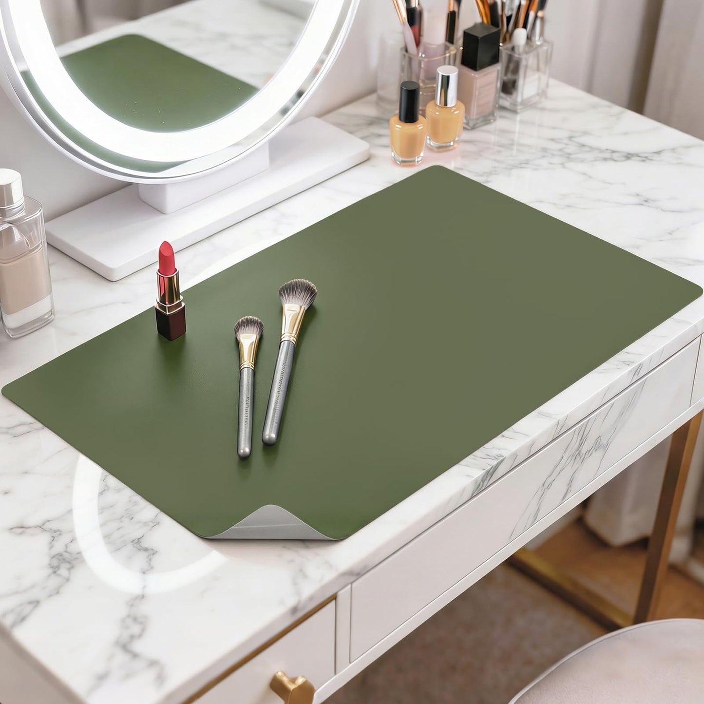 LovePads Makeup Mat for Vanity, 14 x 24 Dual-Sided Desk Pad & Vanity Cover Top, Waterproof PVC Protector Mat for Dresser, Nail Art, Craft Table (Green+Grey)