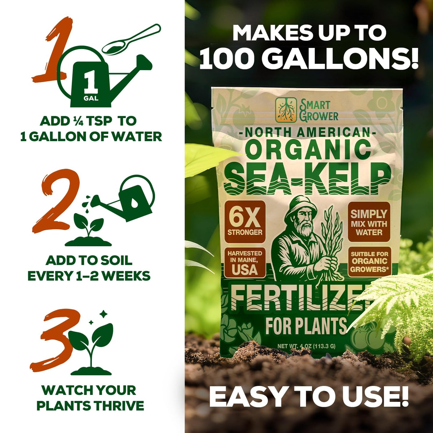 Smart Grower Organic Sea Kelp Fertilizer - Water-Soluble Plant Food for Indoor Gardens | 4oz Bag Makes 100 Gallons