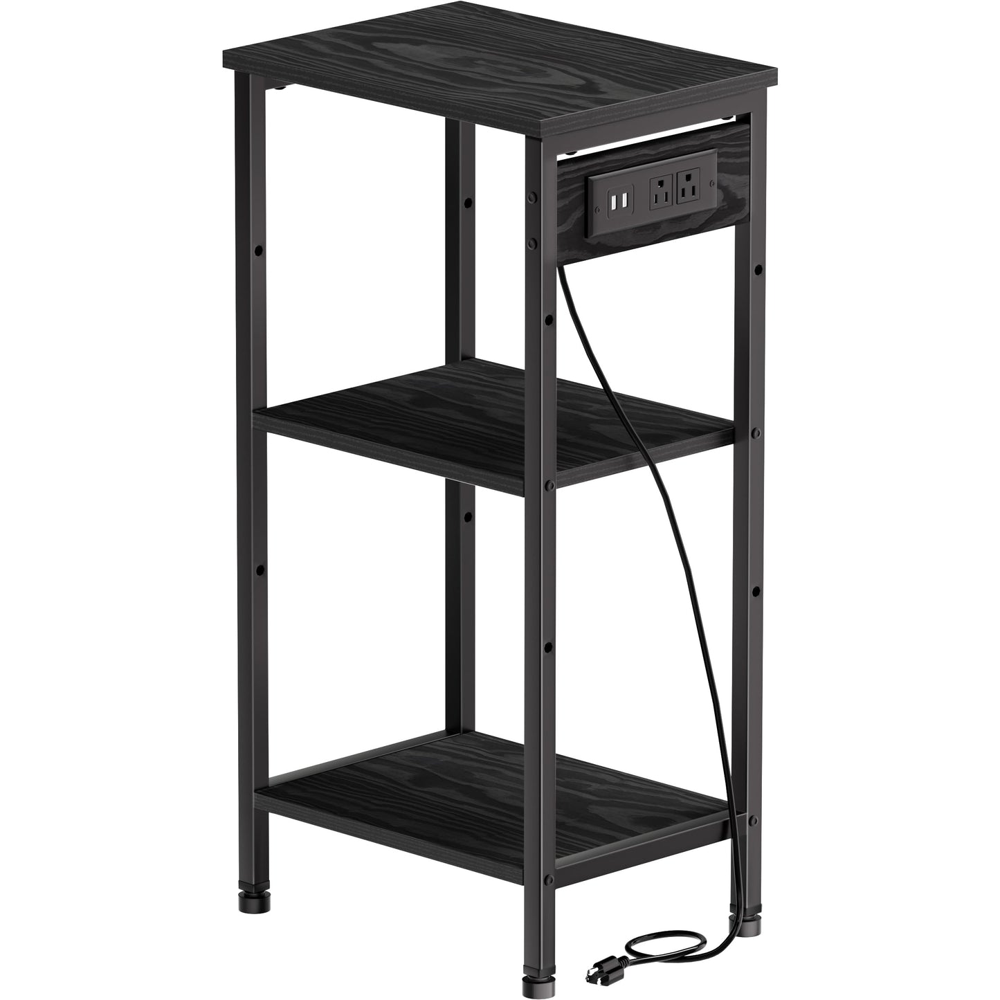 Asgolion Tall Nightstand with Charging Station, 3 Tier Narrow Tall End Table with Storage, Slim Side Table with USB Ports and Outlets for Bedroom, Living Room, Office, Black