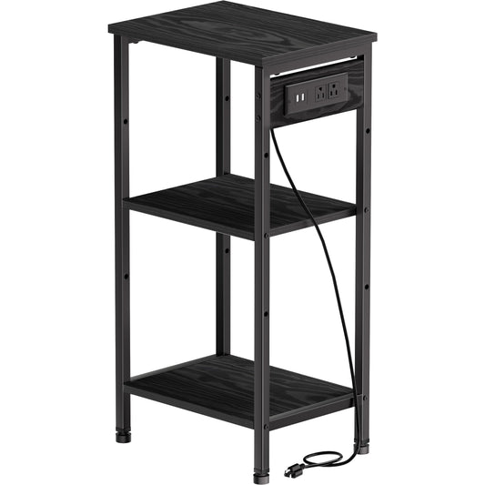 Asgolion Tall Nightstand with Charging Station, 3 Tier Narrow Tall End Table with Storage, Slim Side Table with USB Ports and Outlets for Bedroom, Living Room, Office, Black