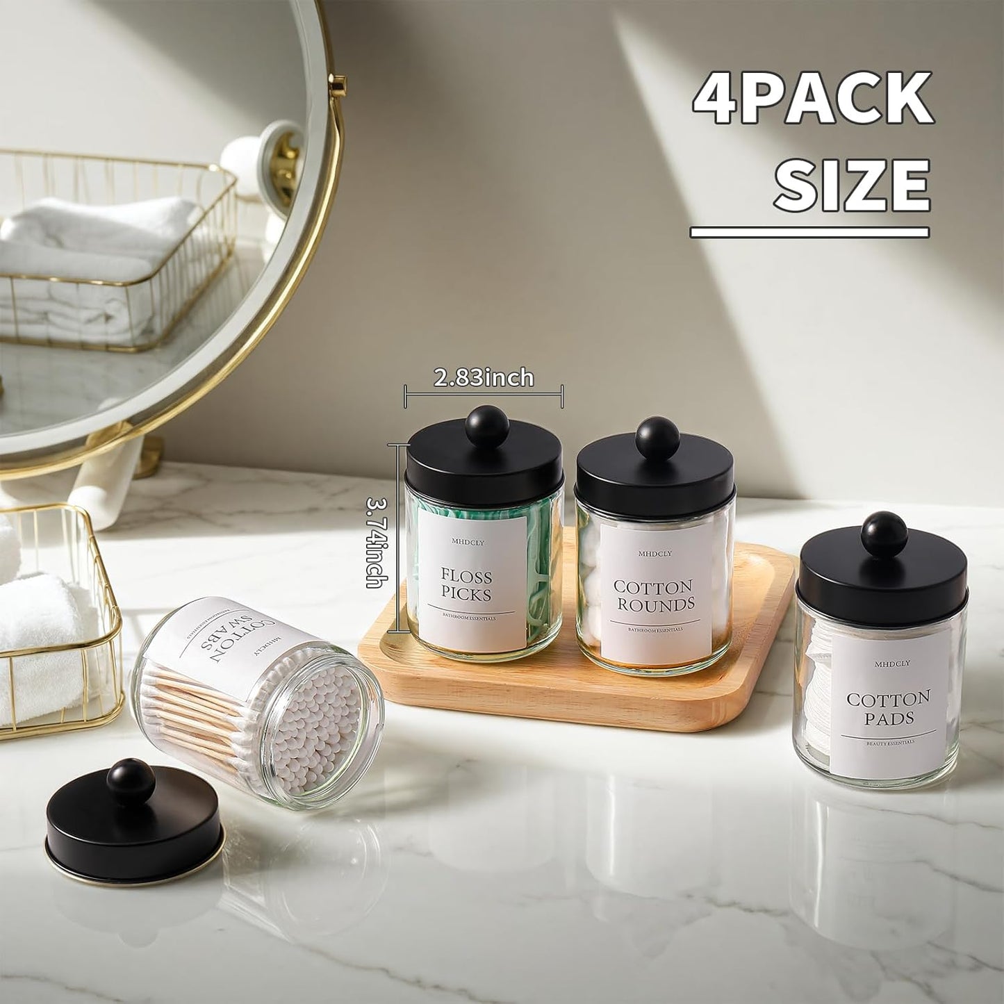 Skiennix Bathroom Organizers - 4 Pack Stylish Storage Accessories for Home Decor | Black Lids